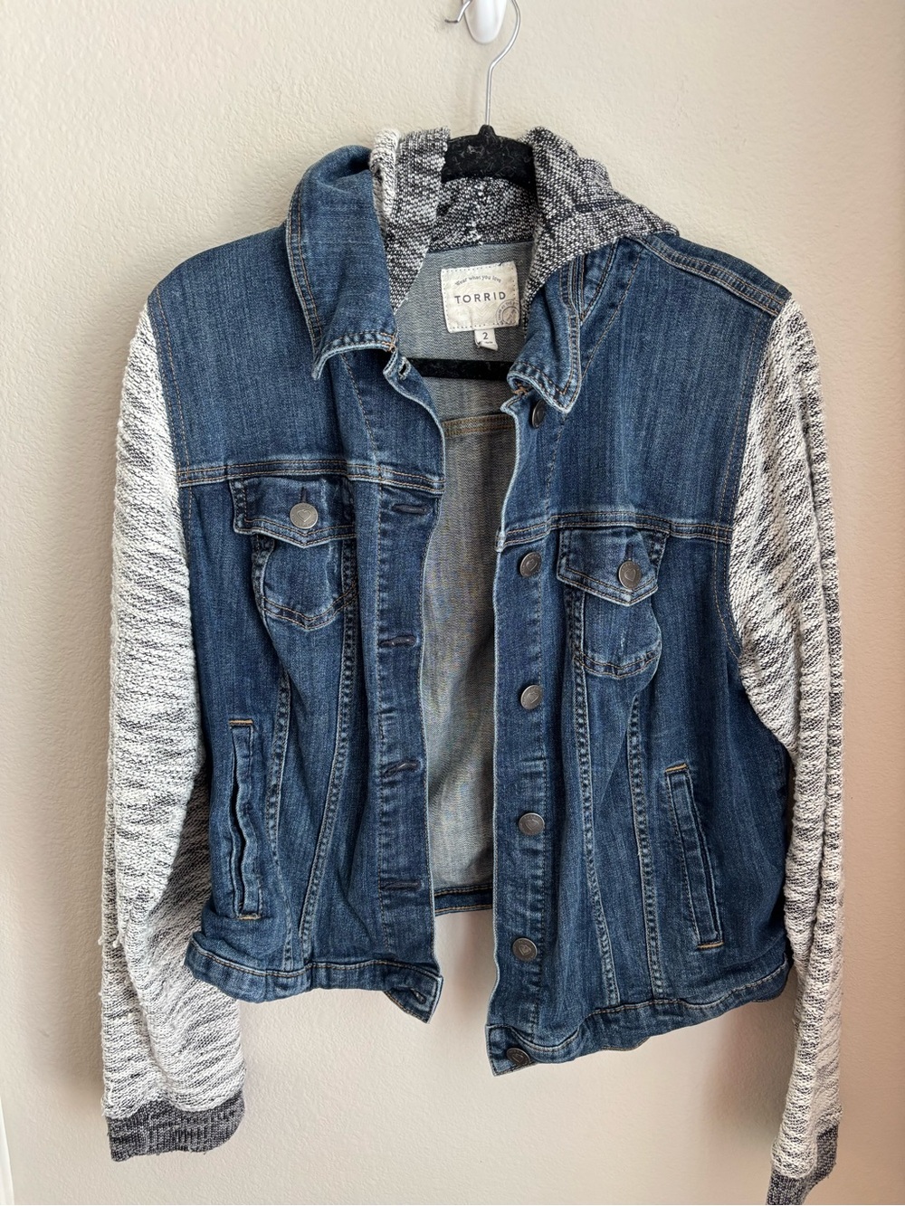 torrid Blue Denim Jacket with Gray Knit Hood & Sleeves